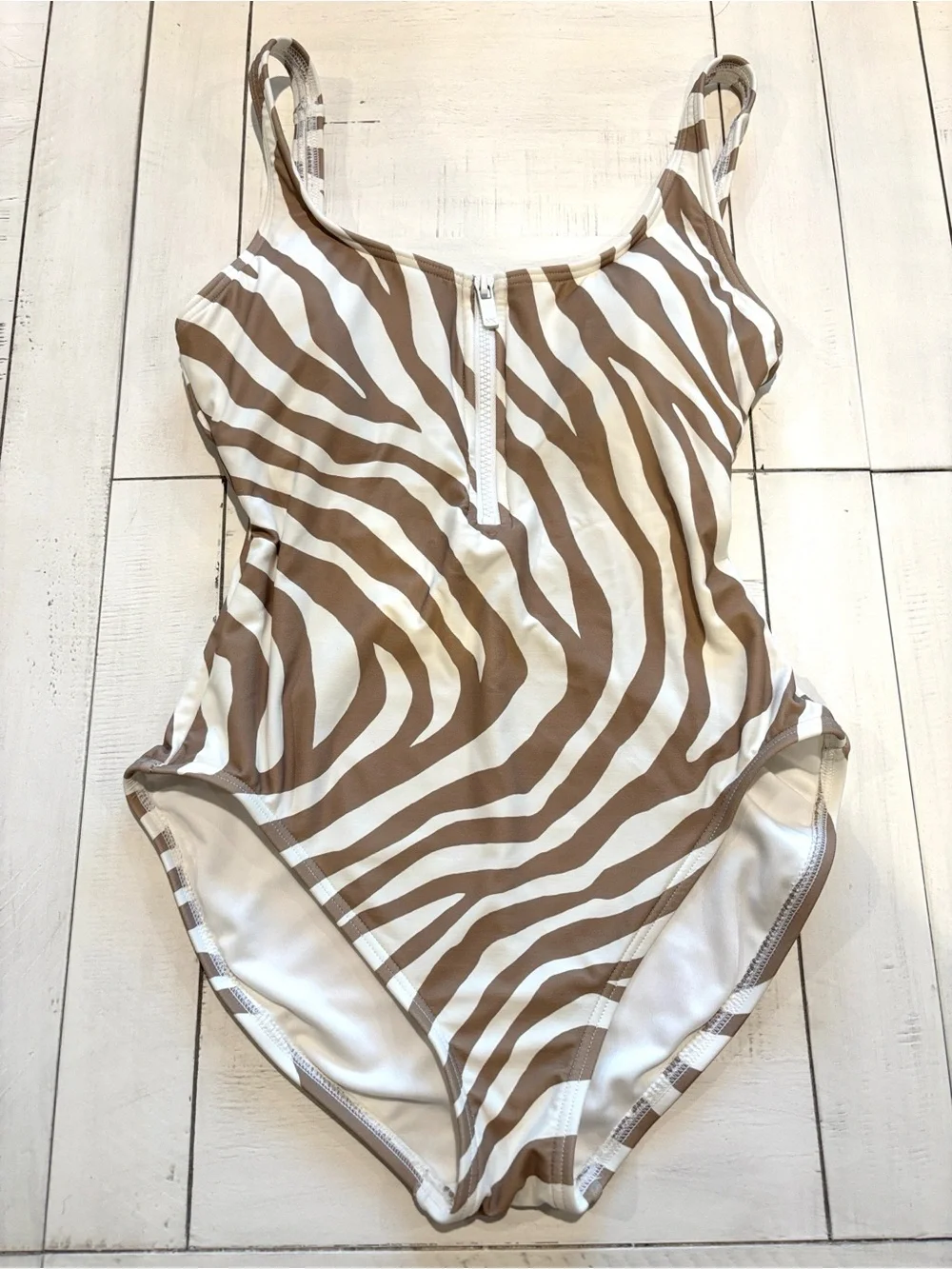 Michael Kors Tan & White Zebra-Print One-Piece Swimsuit with Front Zip